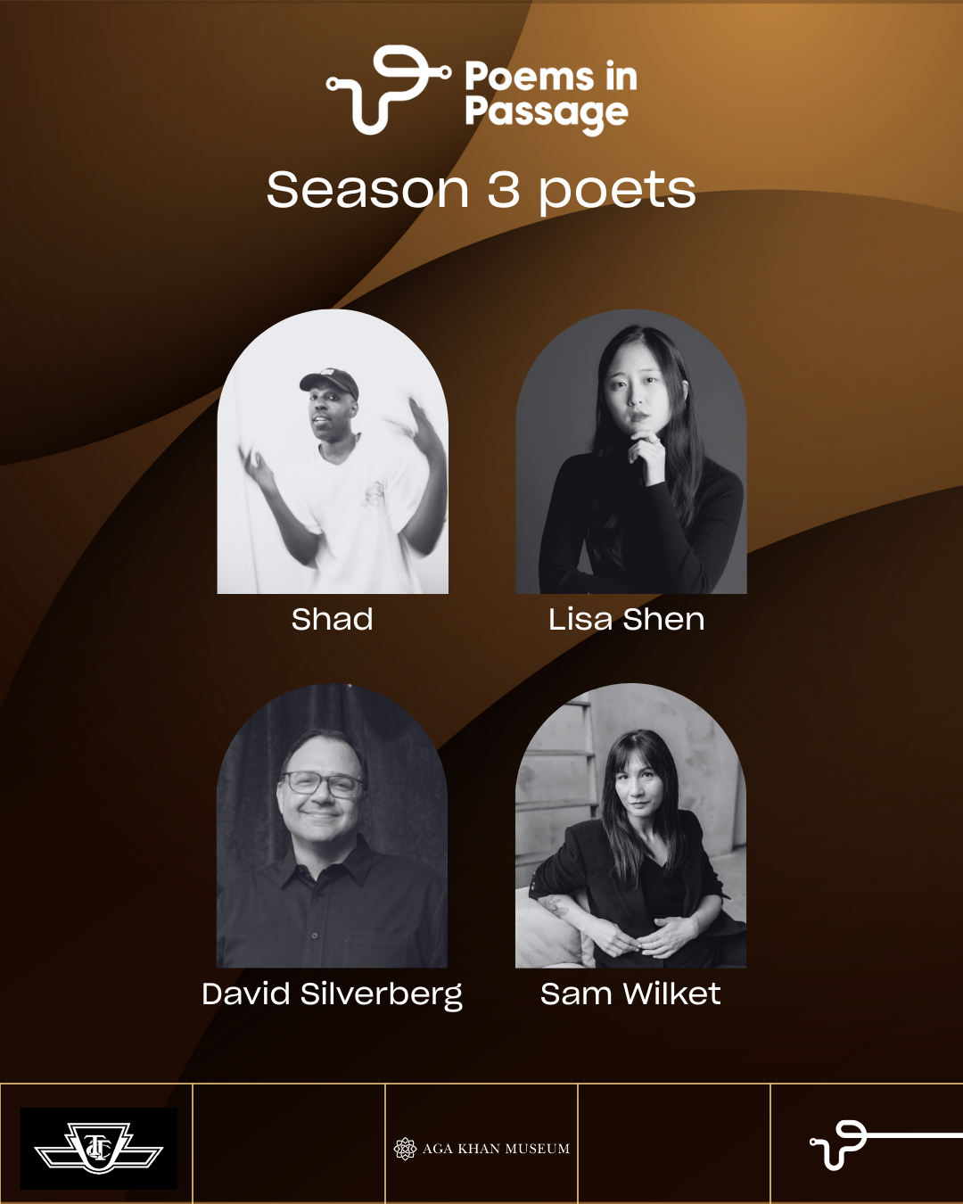 Poems in Passage season 3 poets, with 4 portraits in a grid of poets Shad, Lisa Shen, David Silverberg, and Sam Wilket