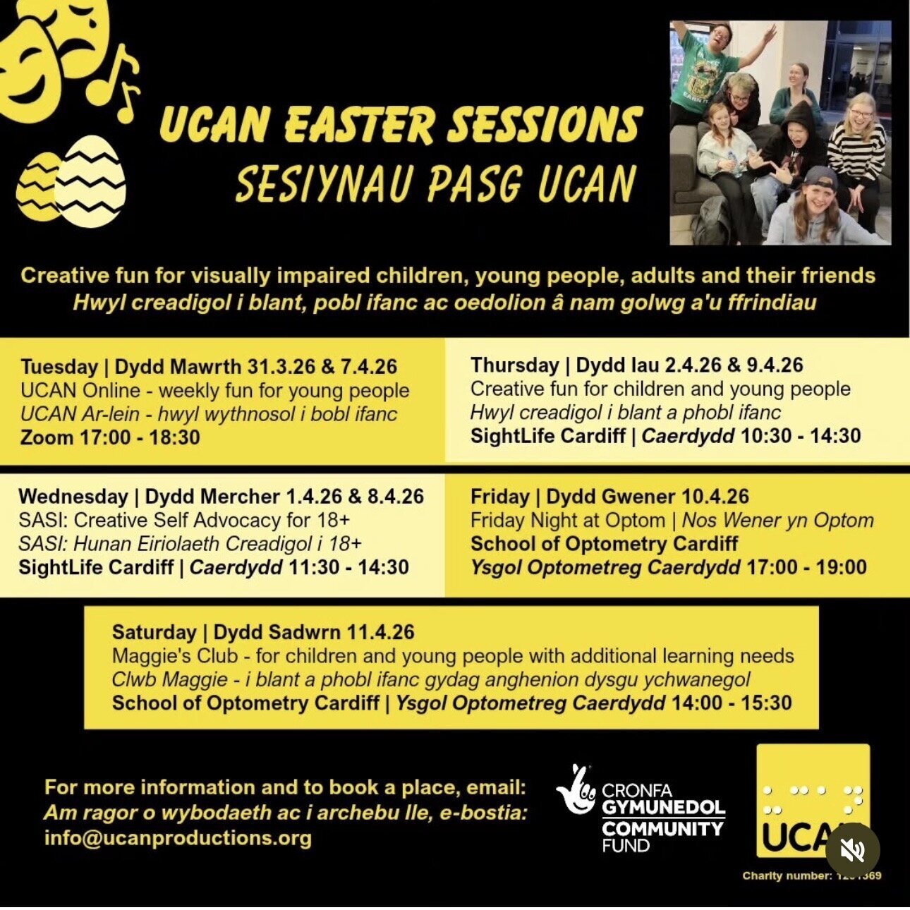 The first image is a yellow and black poster with 3 photos of UCAN participants of all ages enjoying themselves at our sessions, with text reading “Easter UCAN Sessions”. The second image is a yellow and black poster detailing all of the UCAN Easter Sessions. Includes a photo of UCAN participants having fun | Y ddelwedd gyntaf yw poster melyn a du gyda 3 llun o gyfranogwyr UCAN o bob oed yn mwynhau eu hunain yn ein sesiynau, gyda thestun yn darllen “Sesiynau Pasg UCAN”. Yr ail ddelwedd yw poster melyn a du sy'n manylu holl Sesiynau Pasg UCAN. Yn cynnwys llun o aelodau UCAN yn cael hwyl.