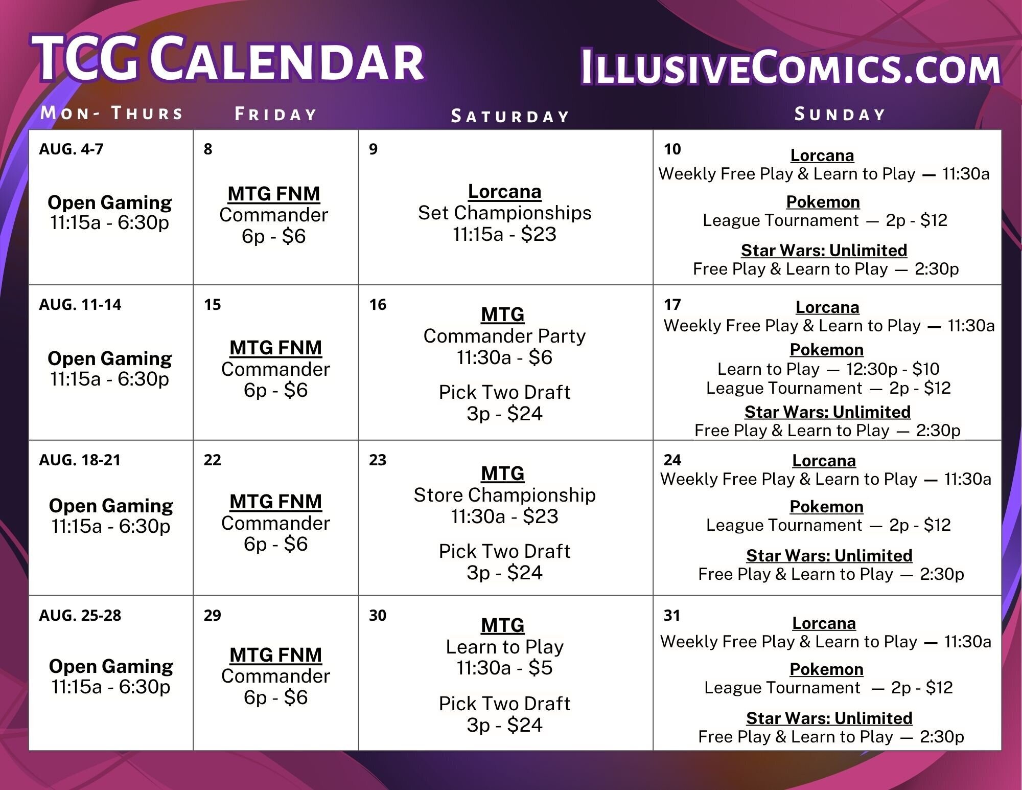 Calendar of TCG events at Illusive Comics for August 2025