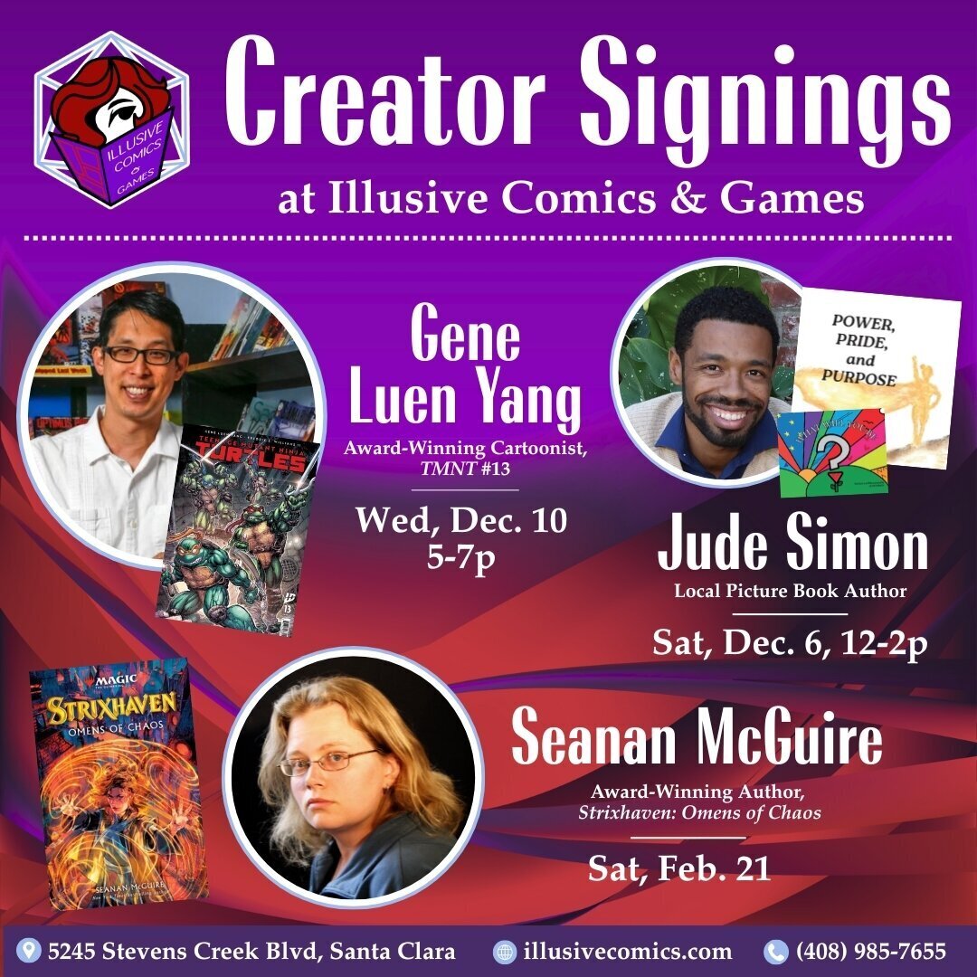 Upcoming creator signings include Gene Luen Yang on Dec 10, Jude Simon on Dec 6, and Seanan McGuire on Feb 21.