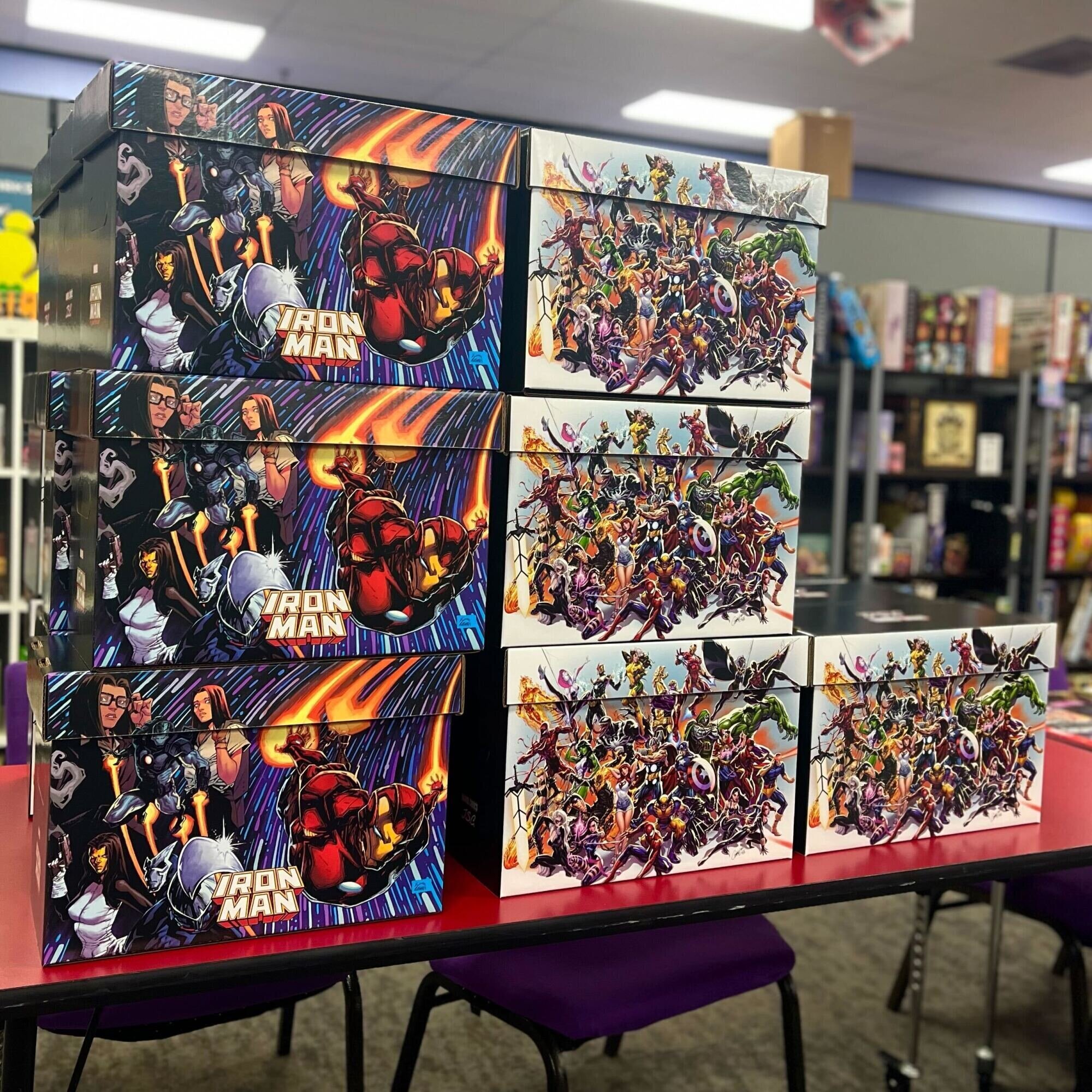 Image of an Iron Man and Marvel character comic short boxes