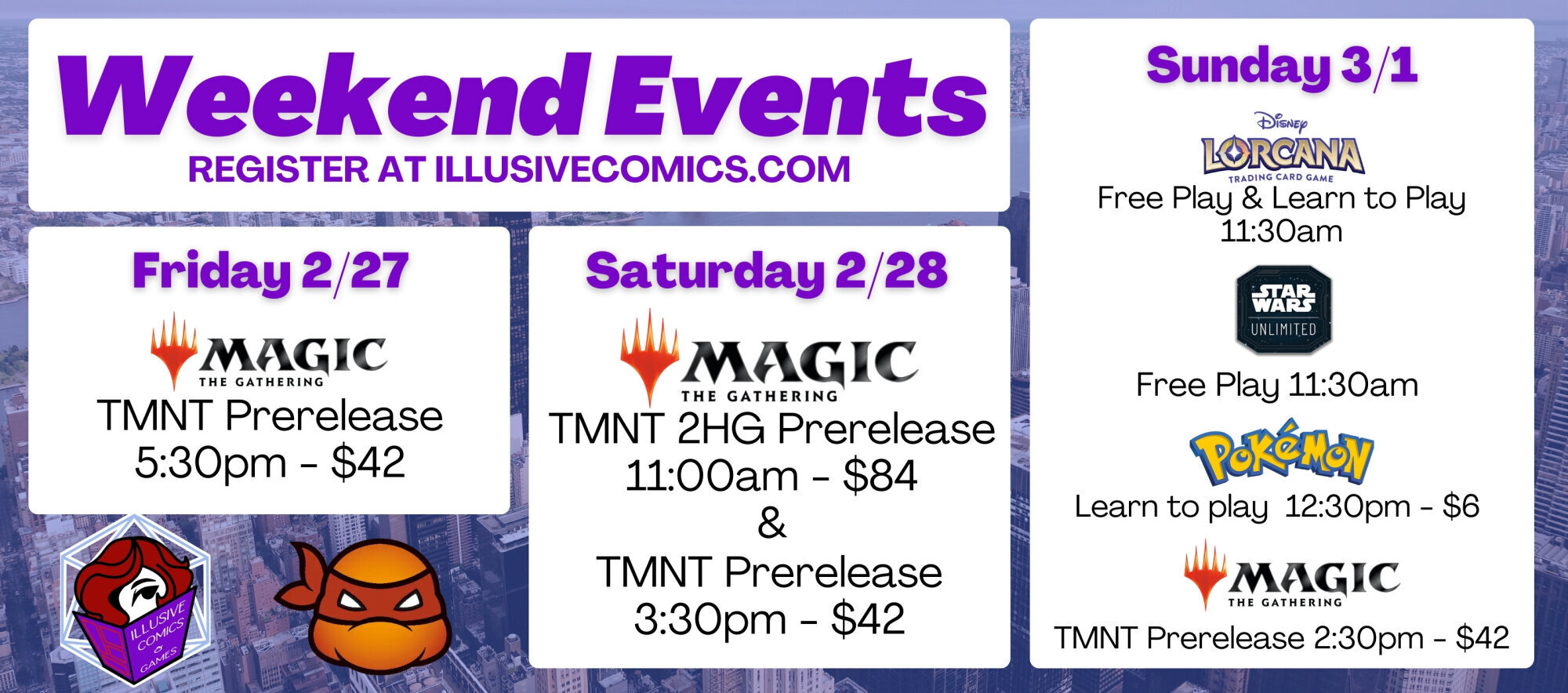 Calendar of this weekend's Illusive's events