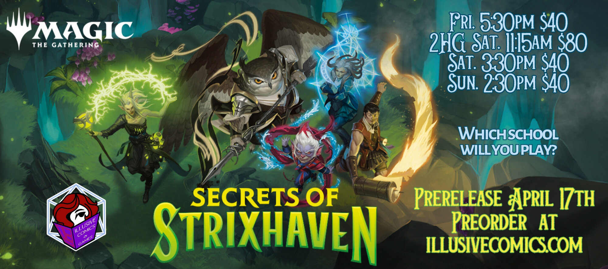 Banner marketing MtG Secrets of Strixhaven prerelease