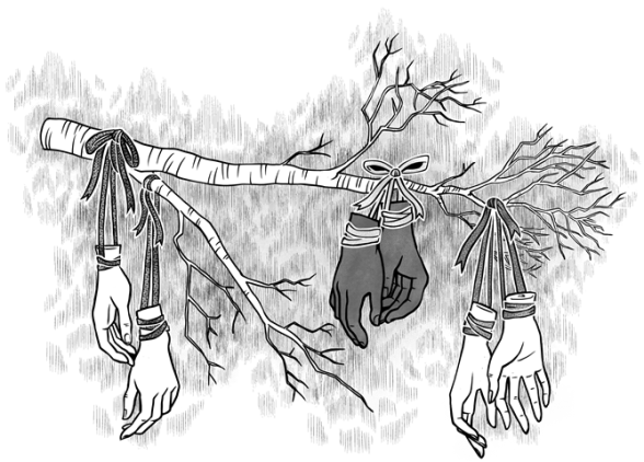 "In The Beginning, All My Hands Are Cold" illustration of severed hands tied to a tree by Margot Jenner