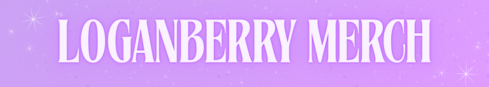 Purple banner reading LOGANBERRY MERCH