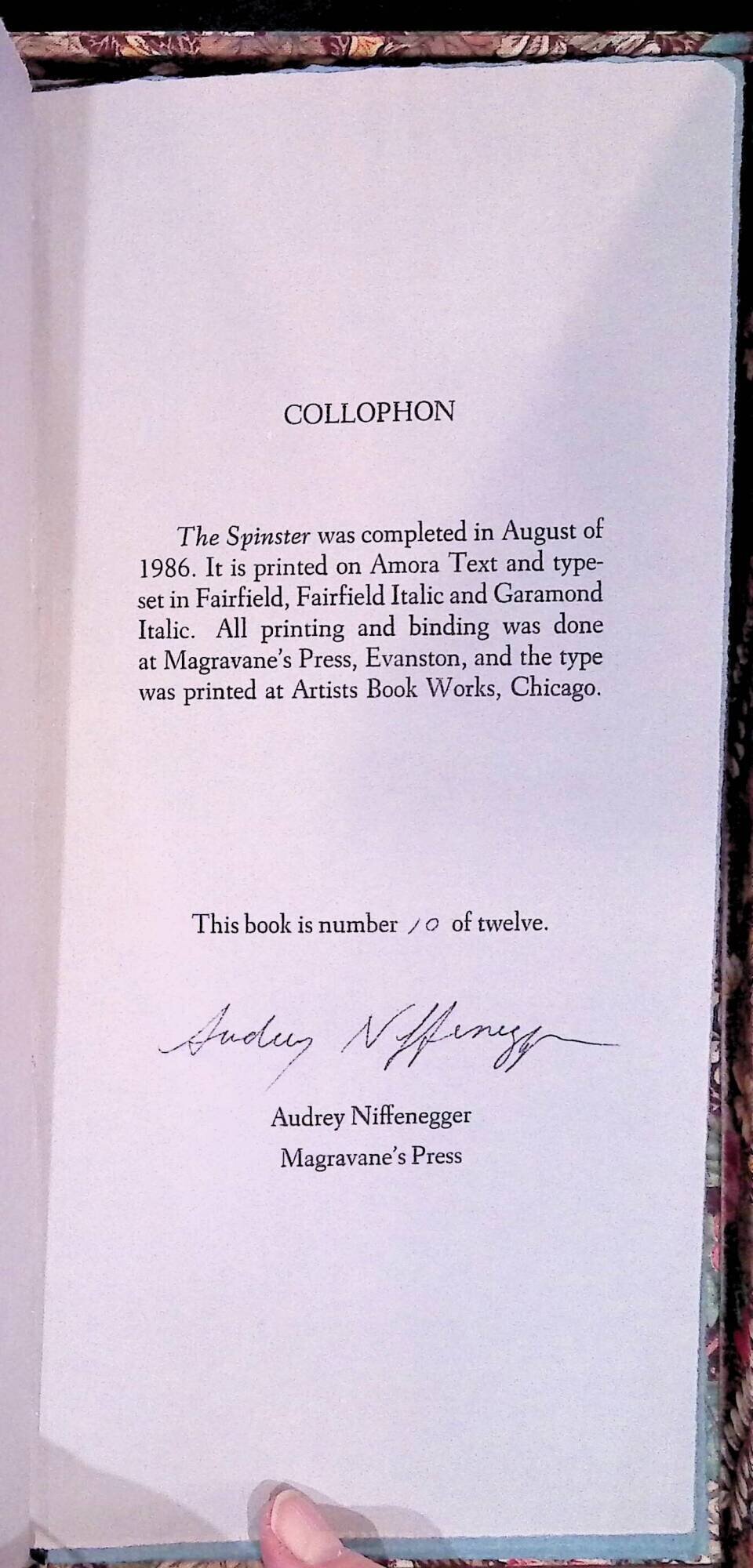 Signature Page - THE SPINSTER - Audrey Niffeneger