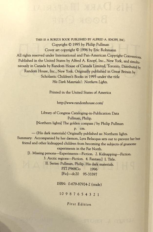 Copyright Page - Golden Compass - First Edition