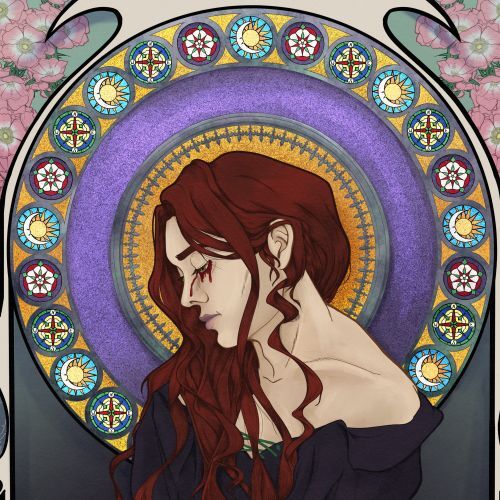 A vampire crying blood in front of stained glass