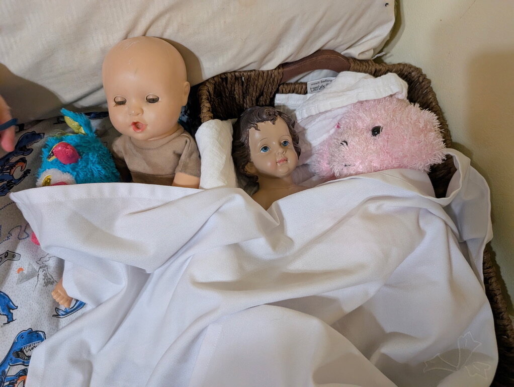 Baby Jesus with a baby doll and stuffed animal