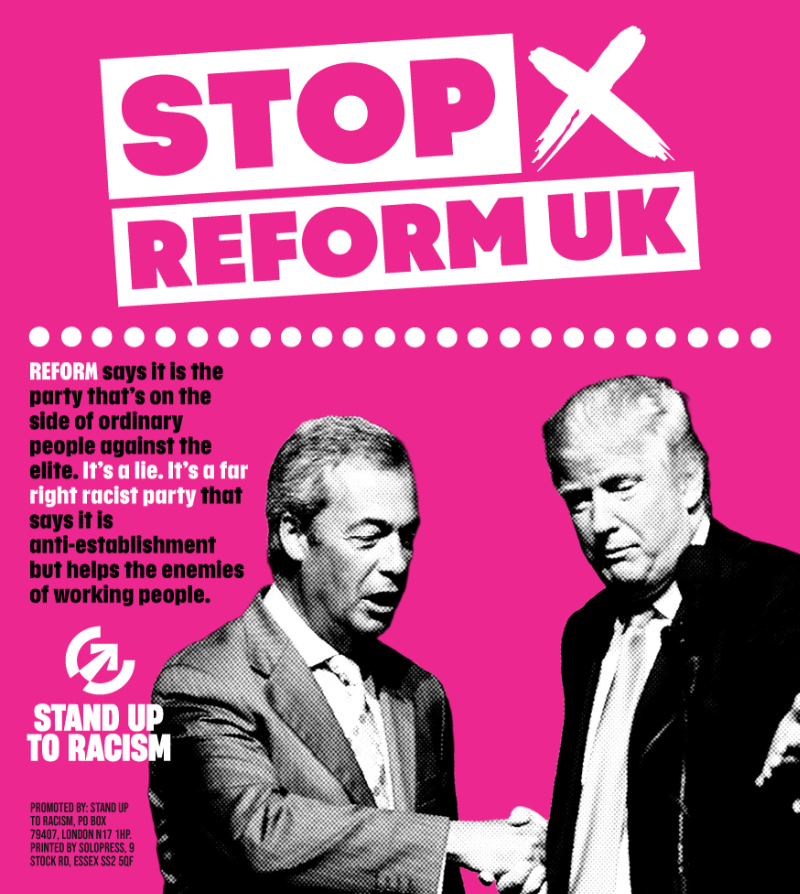 Stop Reform UK graphic from Stand Up To Racism