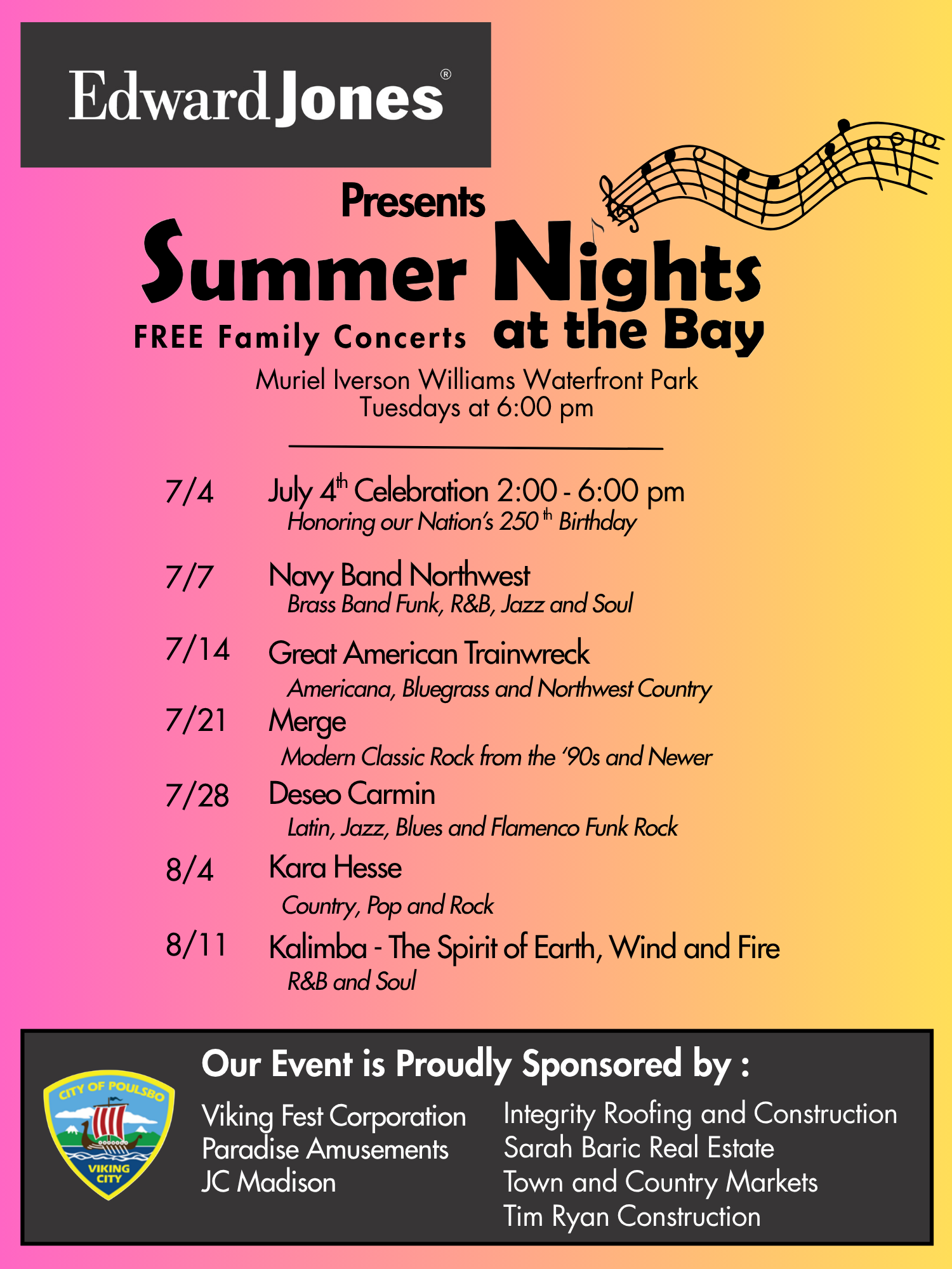 Summer Nights at the Bay Poster: Tuesday Night Concerts through August 11