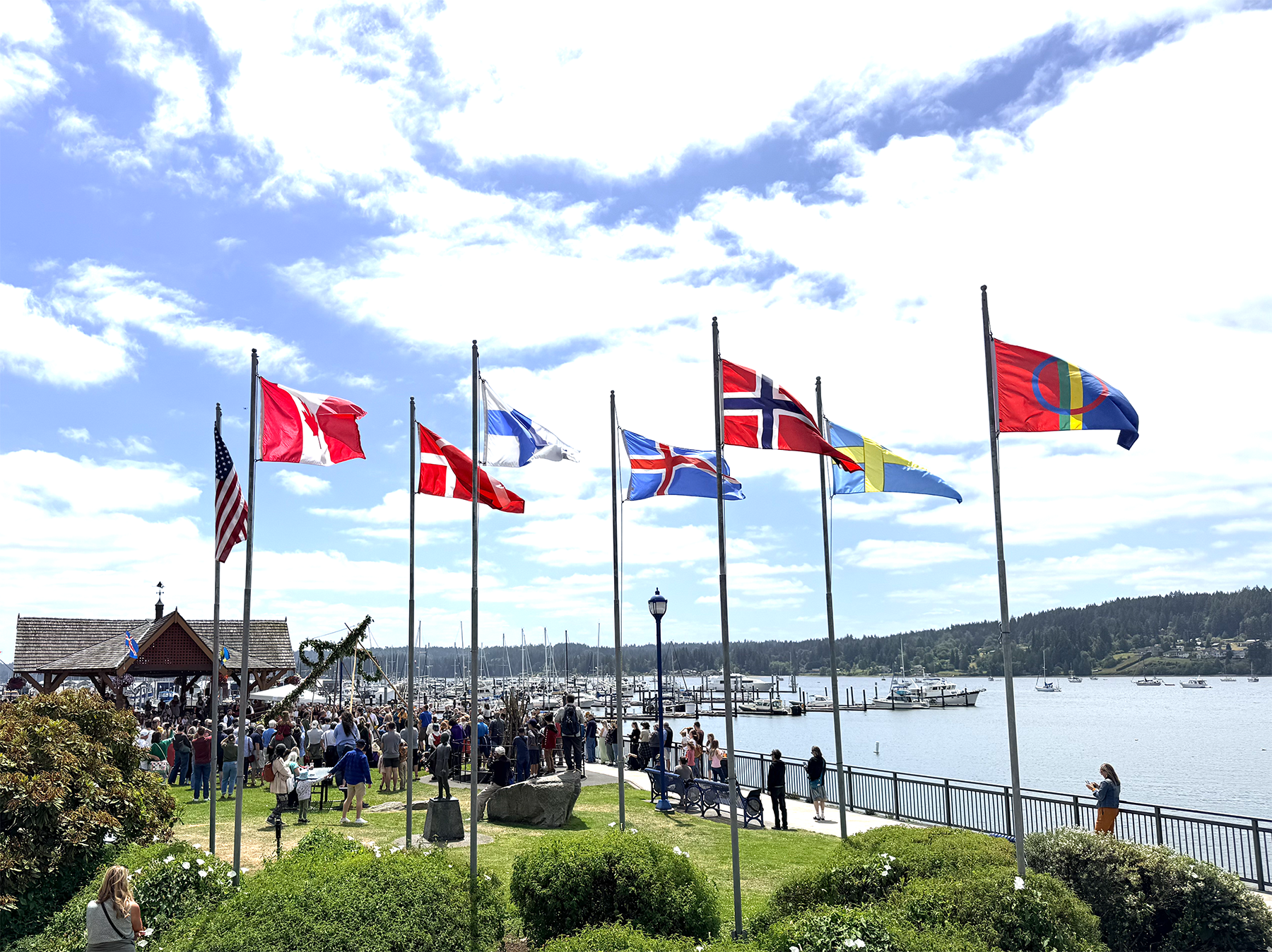 View of the Scandinavian Flags Flying in front of Liberty Bay