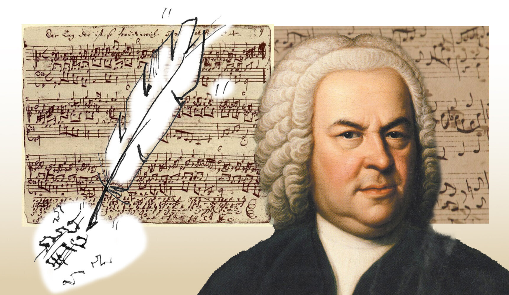 handwritten score in background, hand drawn quill actively writing music on the left foreground, with painting of JS Bach on the right.