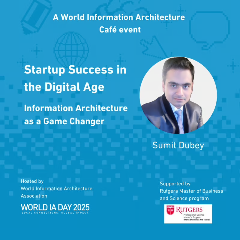 Speaker card showing the talk title "Startup Success in the Digital Age: Information Architecture as a Game Changer by Sumit Dubey