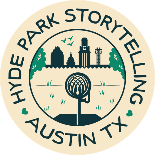 Circular Hyde Park Storytelling Austin, TX logo with a cream background and dark green text. The center shows a stylized Austin skyline, trees, birds, grass, and a vintage microphone on a small stage.