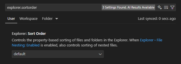 Explorer Sort Order setting in VS Code