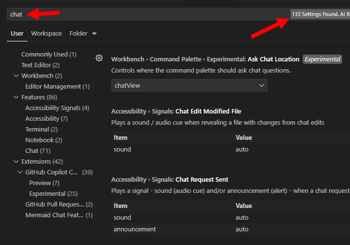 Chat settings in VS Code
