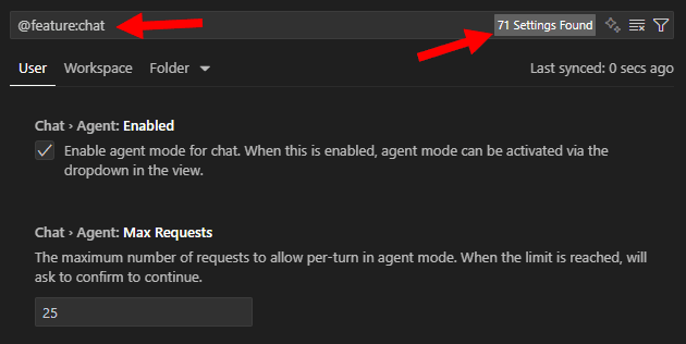 Filtered Chat Settings in VS Code