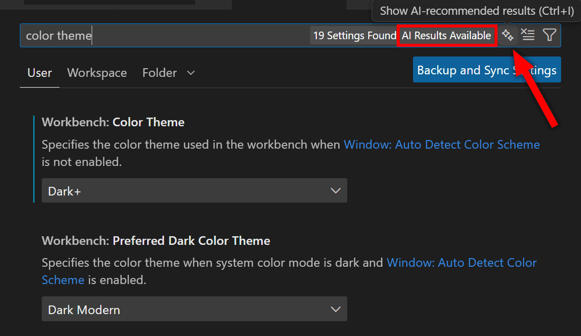 AI Results in Settings Search in VS Code