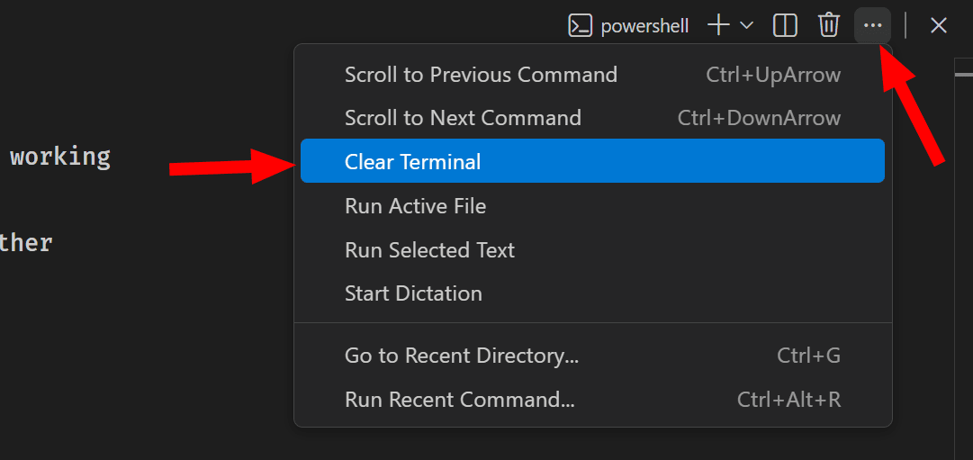 Using Clear Terminal via the Views and More Actions Menu in VS Code