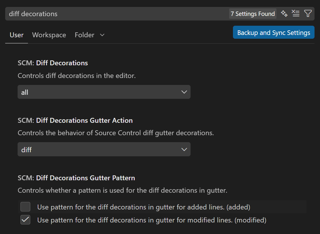 Diff Decorations settings in VS Code