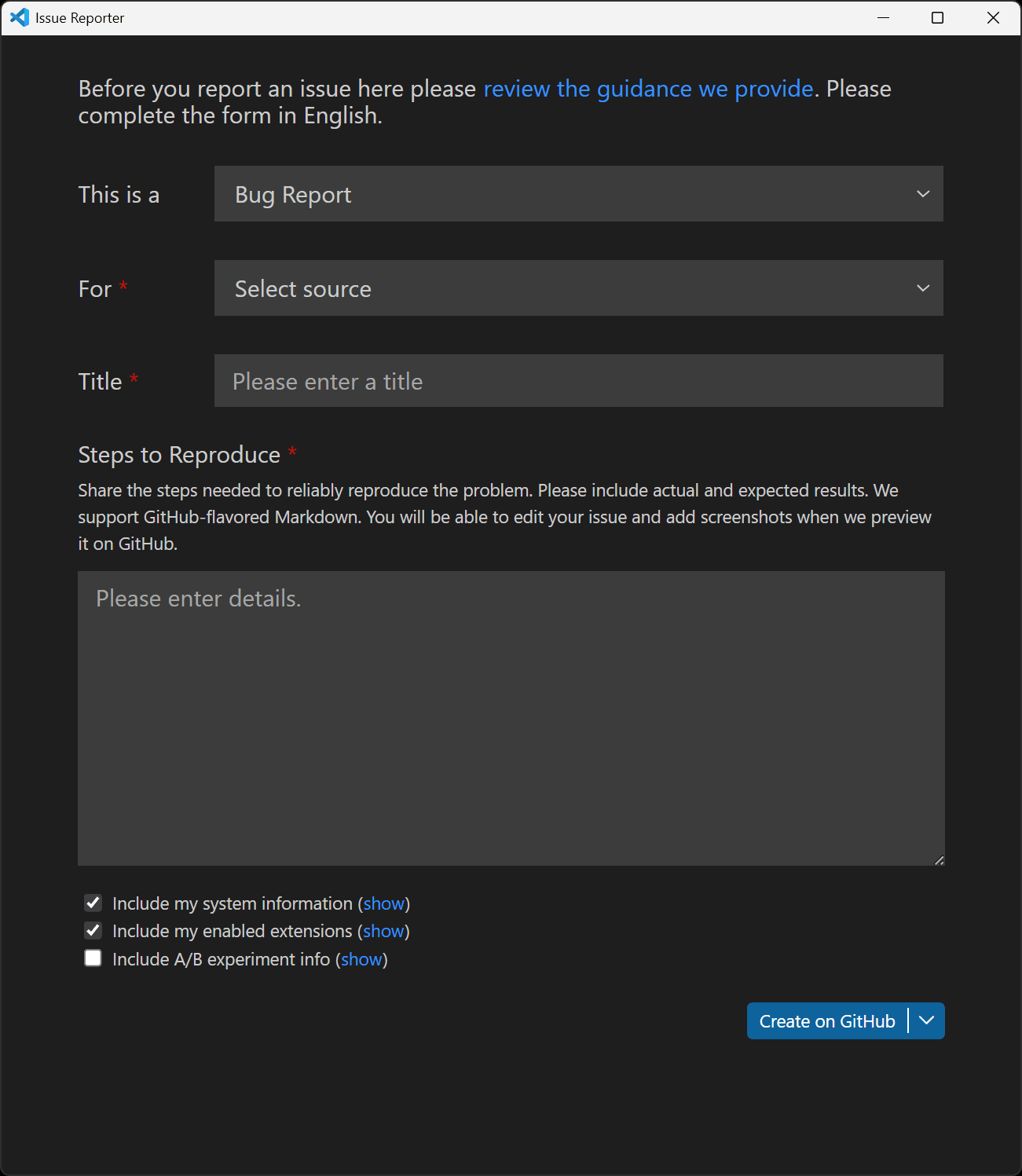The Issue Reporter Window in VS Code