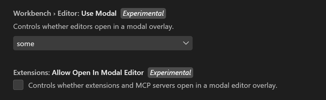 Experimental Modal Settings in VS Code