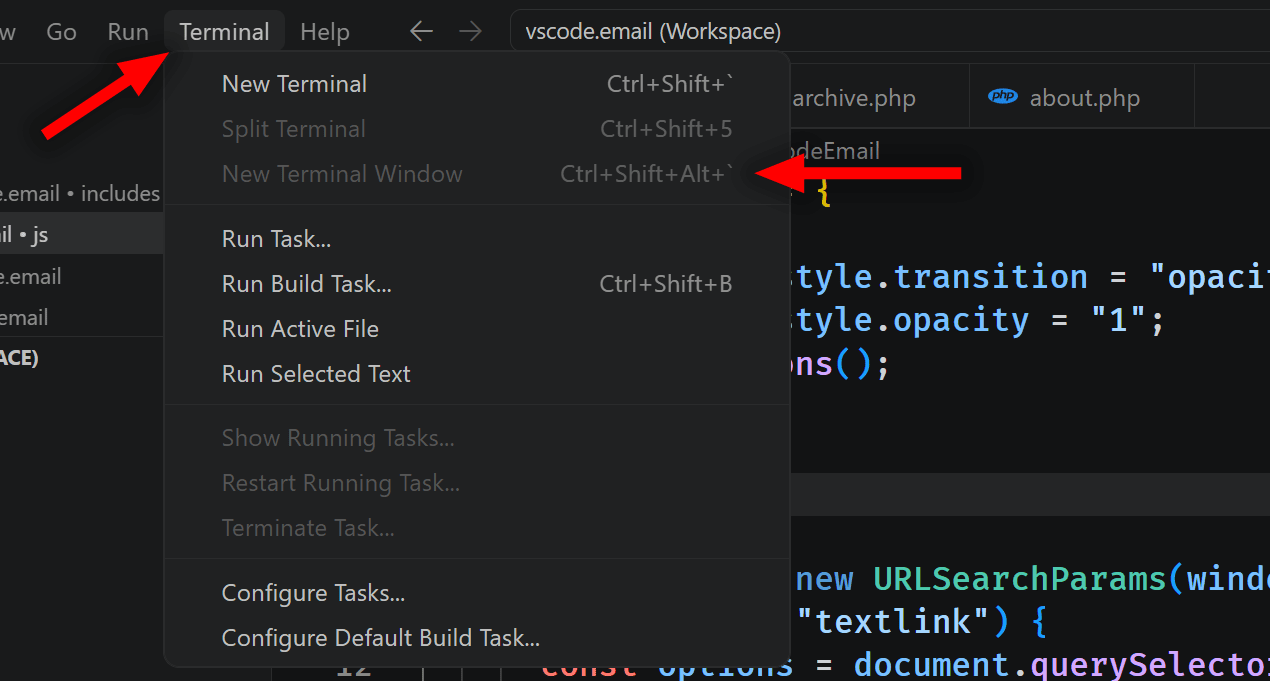 New Terminal Window in Terminal Menu in VS Code