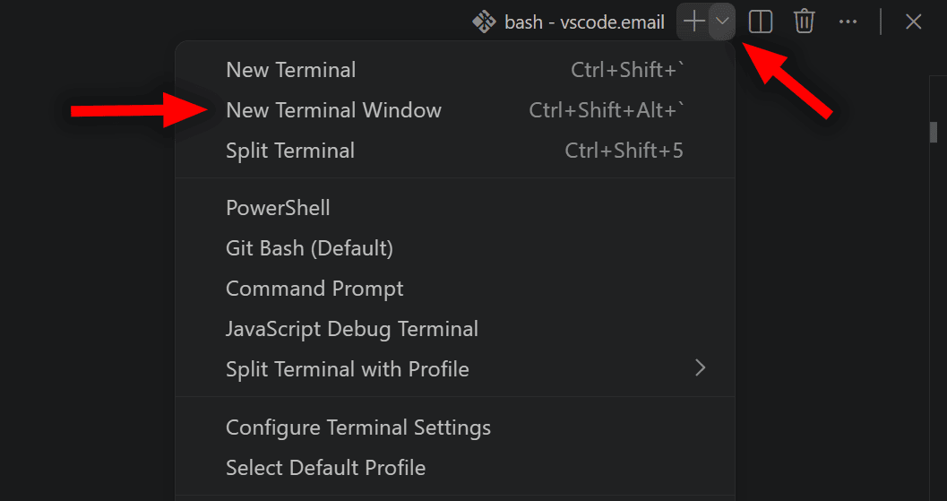 New Terminal Window from Terminal Dropdown in VS Code