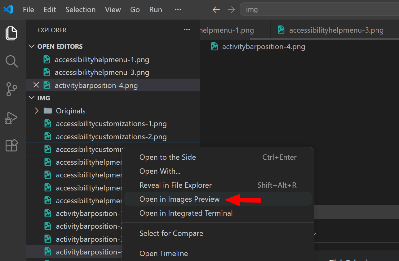 Open in Images Preview option in VS Code