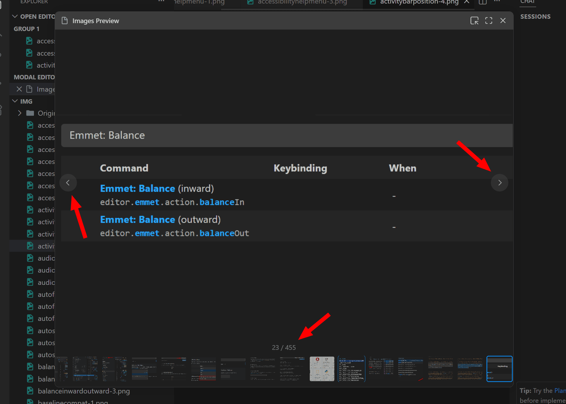 The image preview carousel in VS Code
